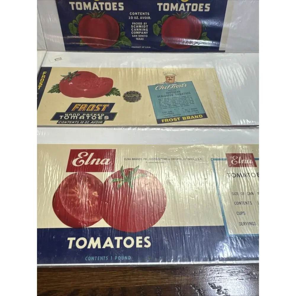Lot 8 Tomatoes Vtg Unused Can Label Mid-Century Decor MCM Tomato Bright